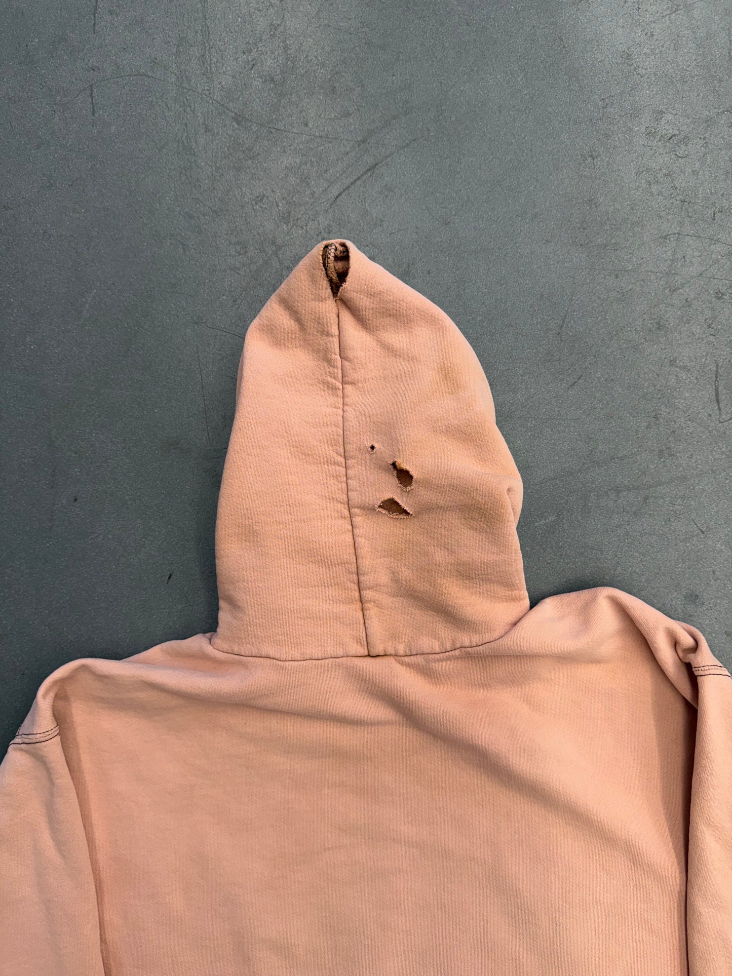 90S NIKE SIDE SWOOSH PULLOVER HOODIE DISTRESSED AND SAFETY-PINNED (NIKE RED SWOOSH TAG)