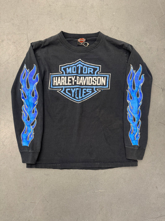 90S HARLEY-DAVIDSON ALDO'S BERNARDSTON, MA BLUE FLAME LONG SLEEVE TEE (HARLEY TAG)