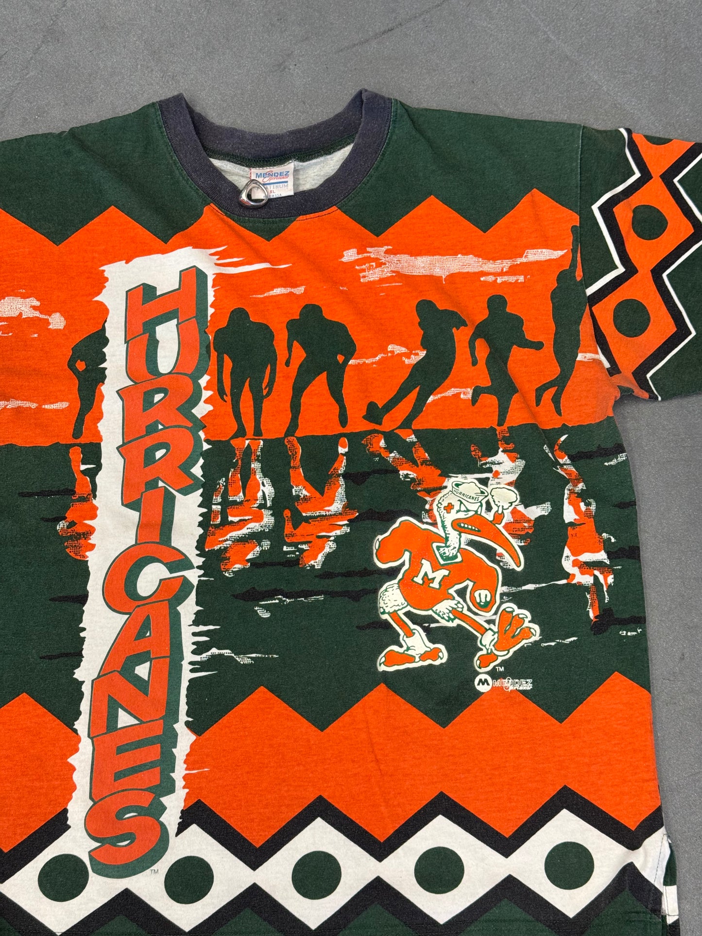 90S MIAMI HURRICANES MENDEZ SPORTSWEAR ALL OVER PRINT TEE (MENDEZ TAG)