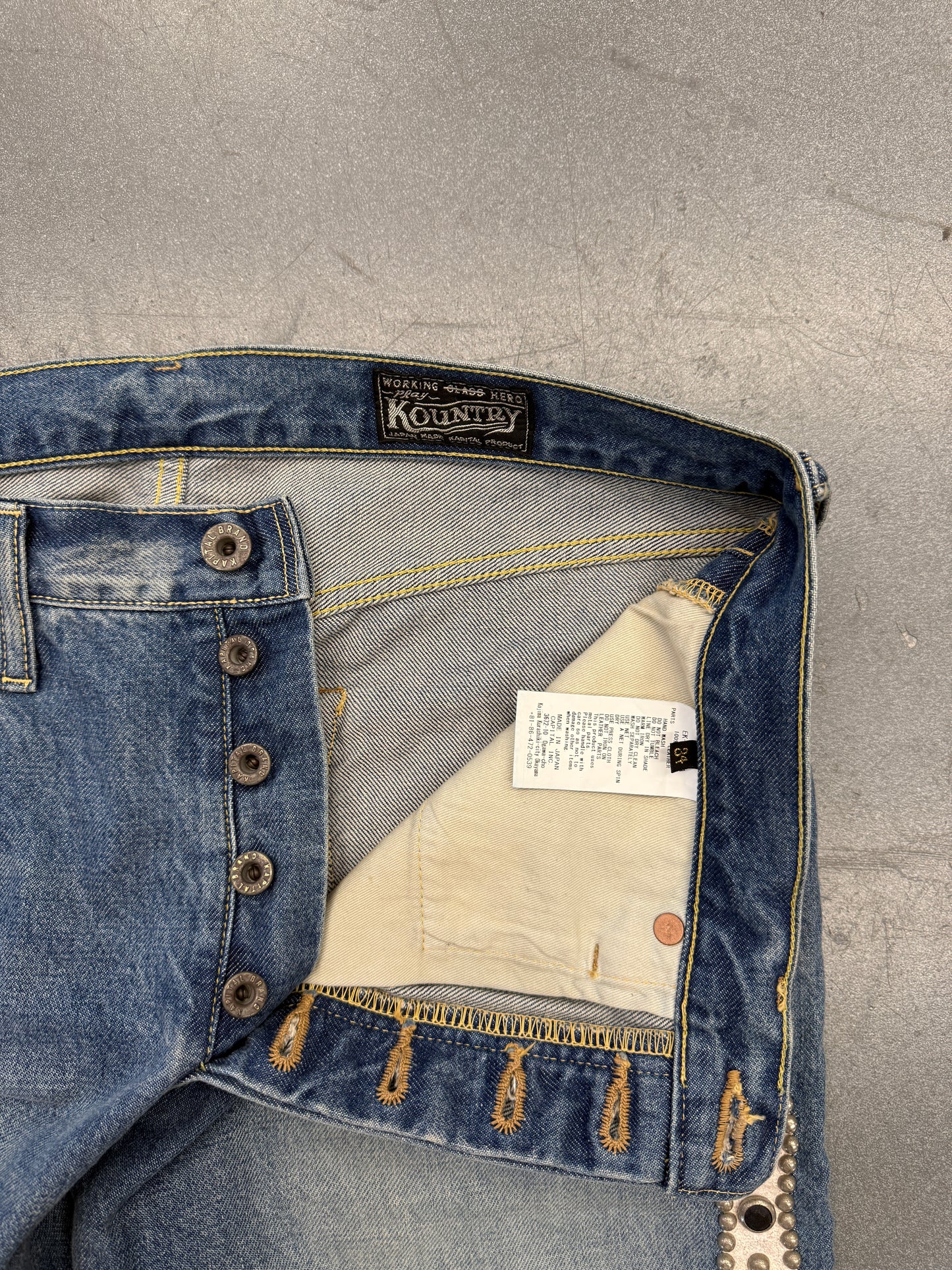 KAPITAL 14OZ DENIM 5P MONKEY CISCO GEMSTONE EMBELLISHED JEANS