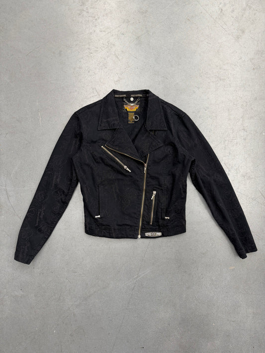 2003 HARLEY-DAVIDSON EMBROIDERED FLAMES SILVER EMBELISHED WOMENS BIKER JACKET