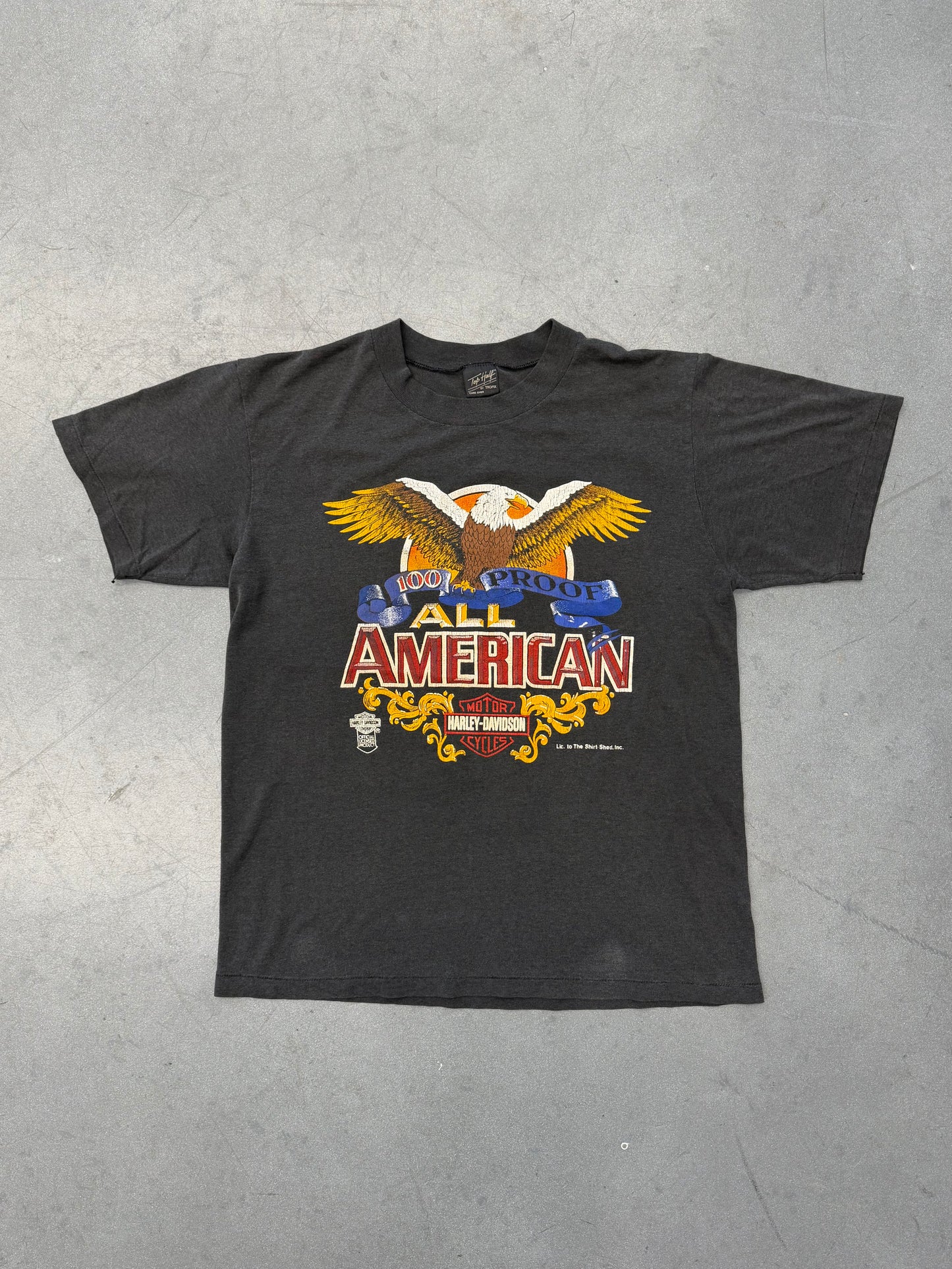 1980S HARLEY-DAVIDSON 100 PROOF ALL AMERICAN TEE (TOP HALF TAG)