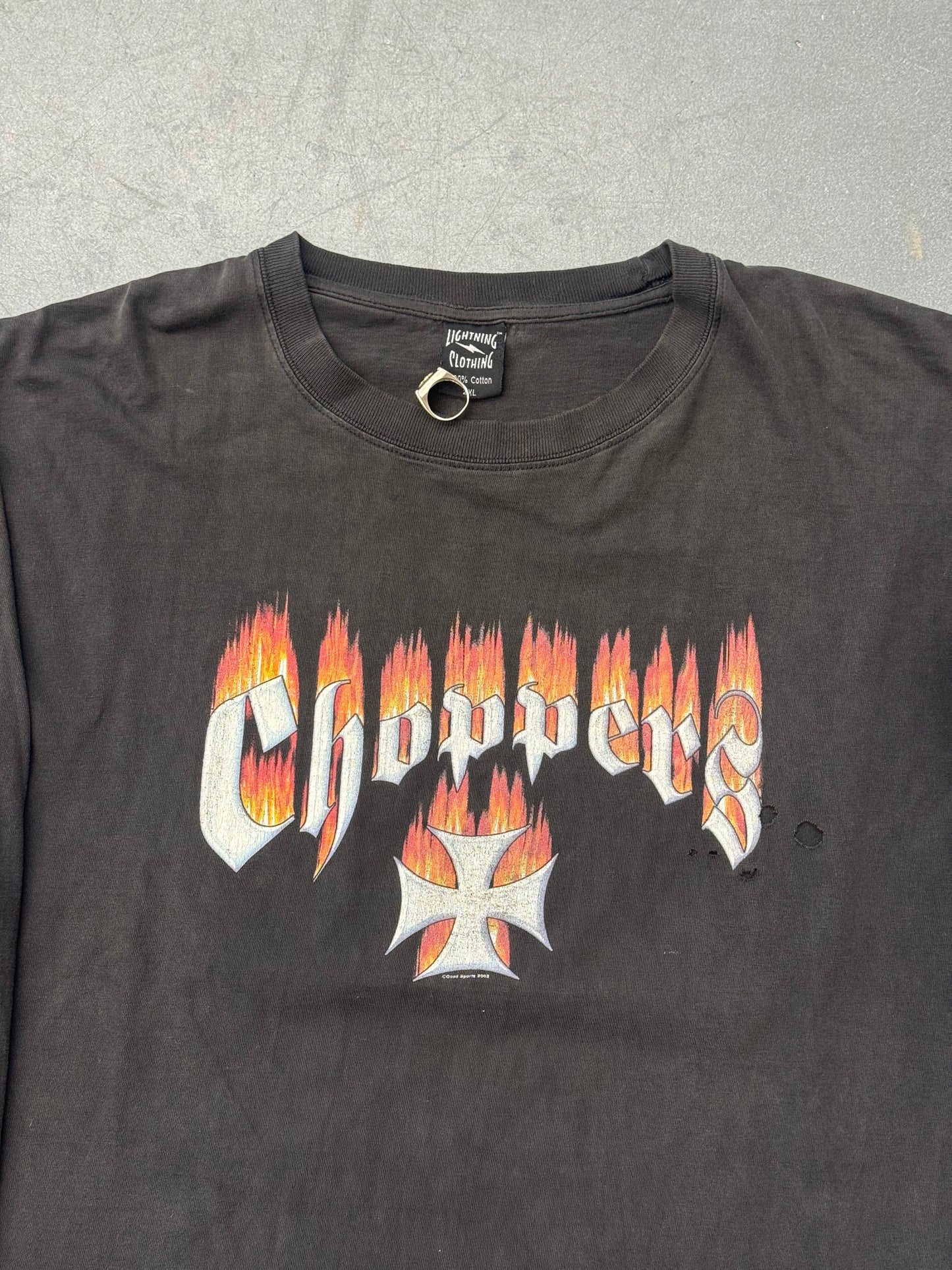 2003 CHOPPERS IRON CROSS FLAME LONGSLEEVE BOSTON, MA DISTRESSED TEE (LIGHTNING CLOTHING TAG)