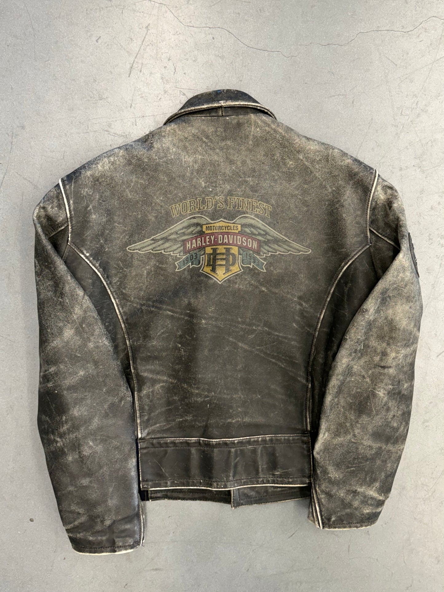 1993 HARLEY-DAVIDSON 90TH ANNIVERSARY "WORLD'S FINEST" ZIP UP LEATHER JACKET WITH PINS