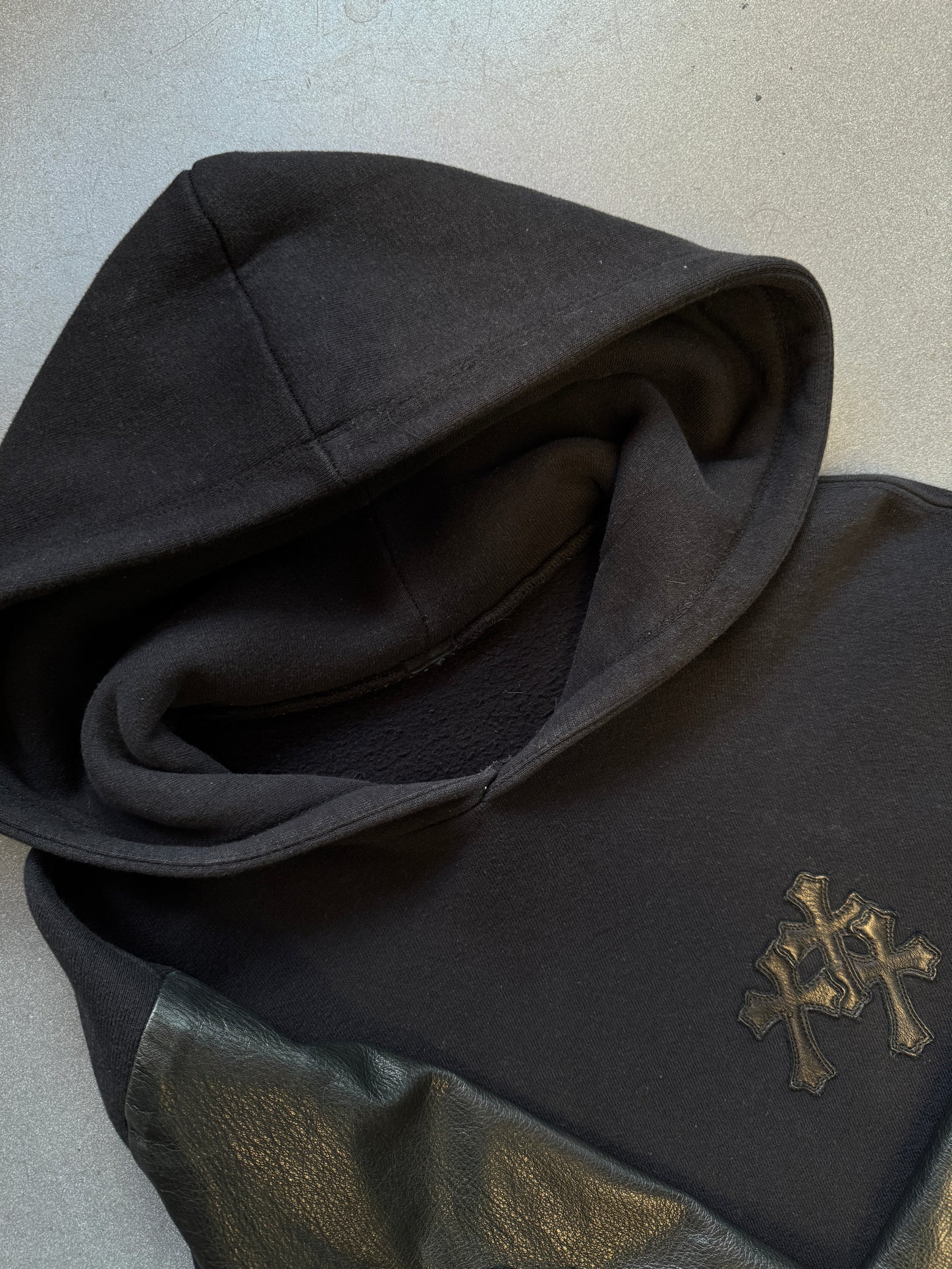CHROME HEARTS LEATHER SLEEVE Y NOT HOODIE - BLACK (S)