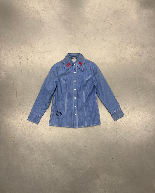70S QUEEN OF HEARTS BEADED BUTTON-UP DENIM SHIRT (ARLEEN TAG)