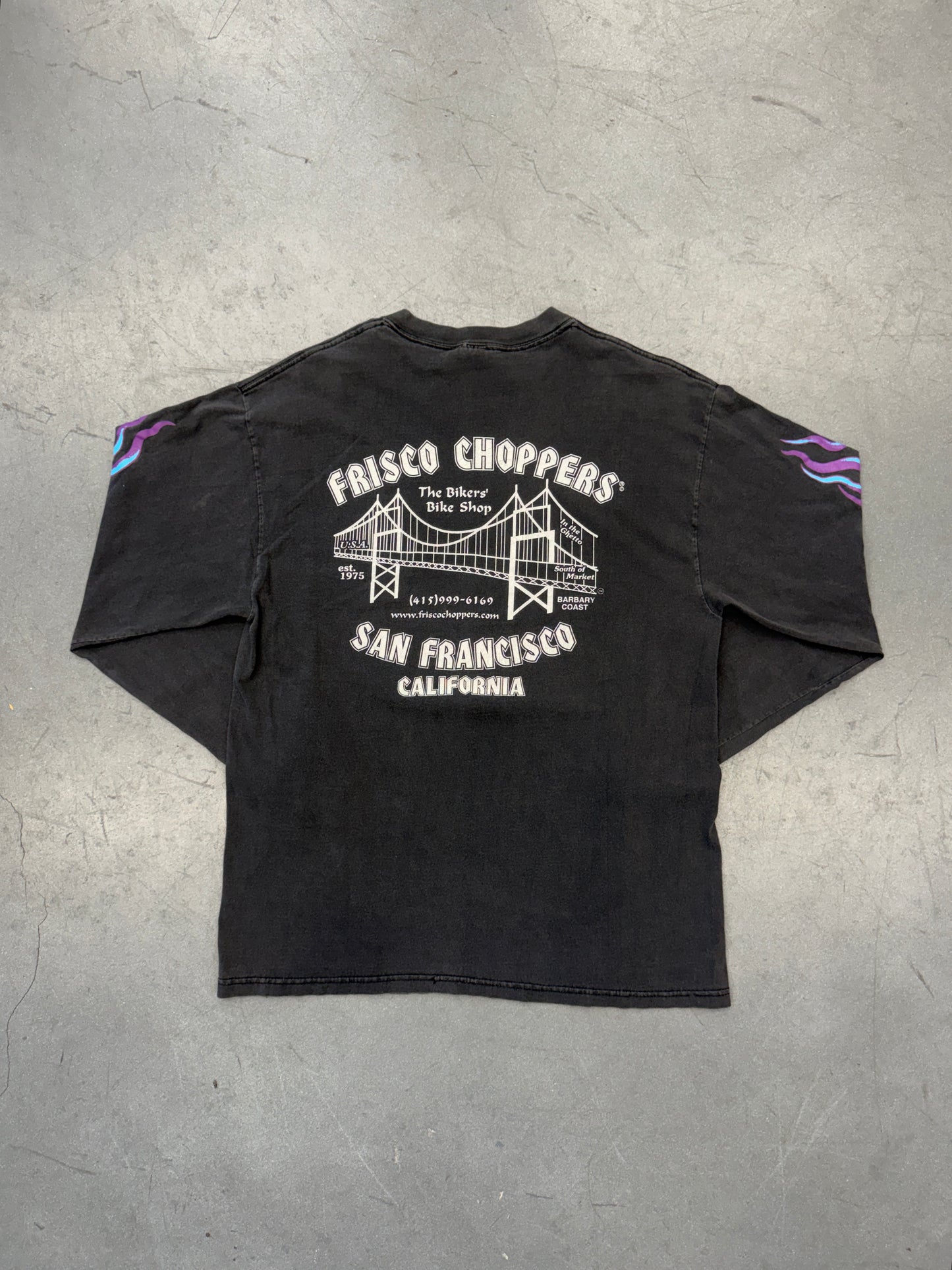 00'S FRISCO CHOPPERS CUSTOM CYCLES PURPLE/BLUE FLAME LS SAN FRANCISCO CALIFORNIA TEE (HANES HEAVYWEIGHT TAG)