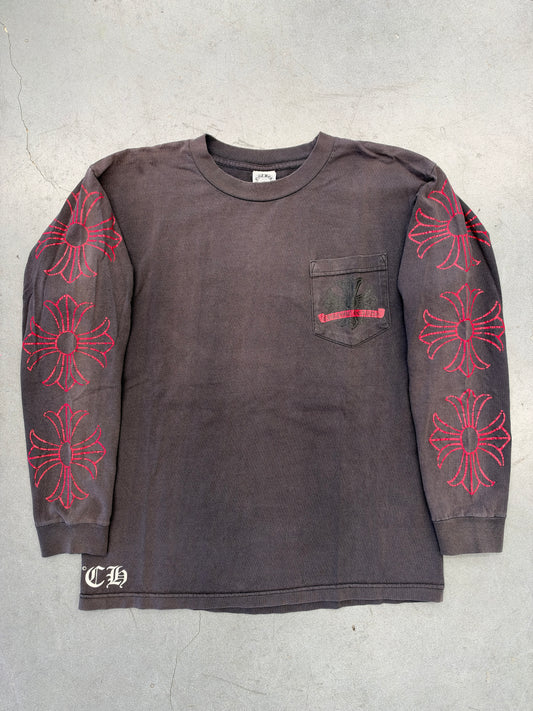 OLDER CHROME HEARTS RED CROSS HORSESHOE LONG SLEEVE POCKET TEE