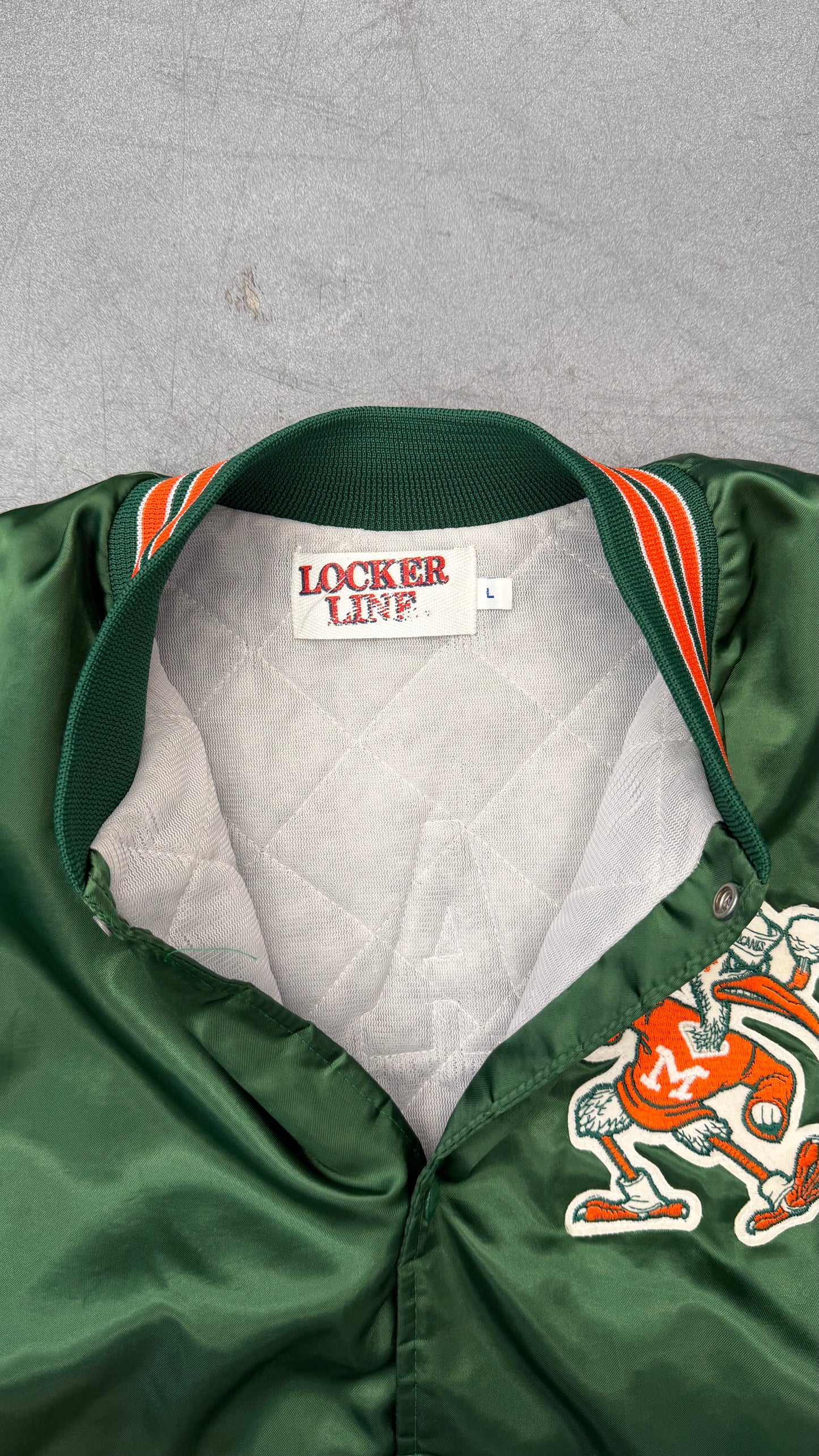 90S UNIVERSITY OF MIAMI HURRICANES SATIN JACKET (LOCKER LINE TAG)