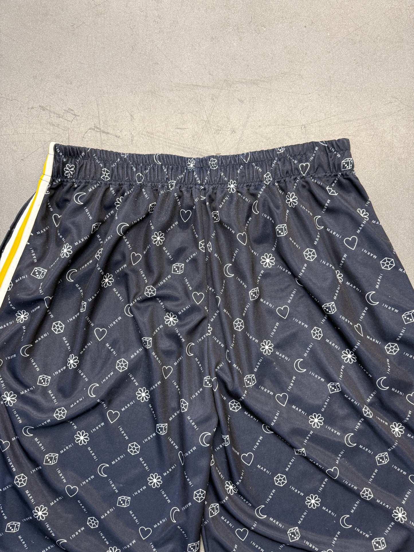 MARNI DICE-HEART-FLOWER-GEM-MOON MULTI-LOGO NYLON SHORTS