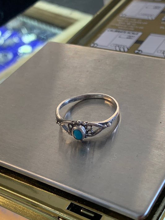 TINY TURQUOISE WITH HEARTS DAINTY SILVER RING (1.5 GRAMS)