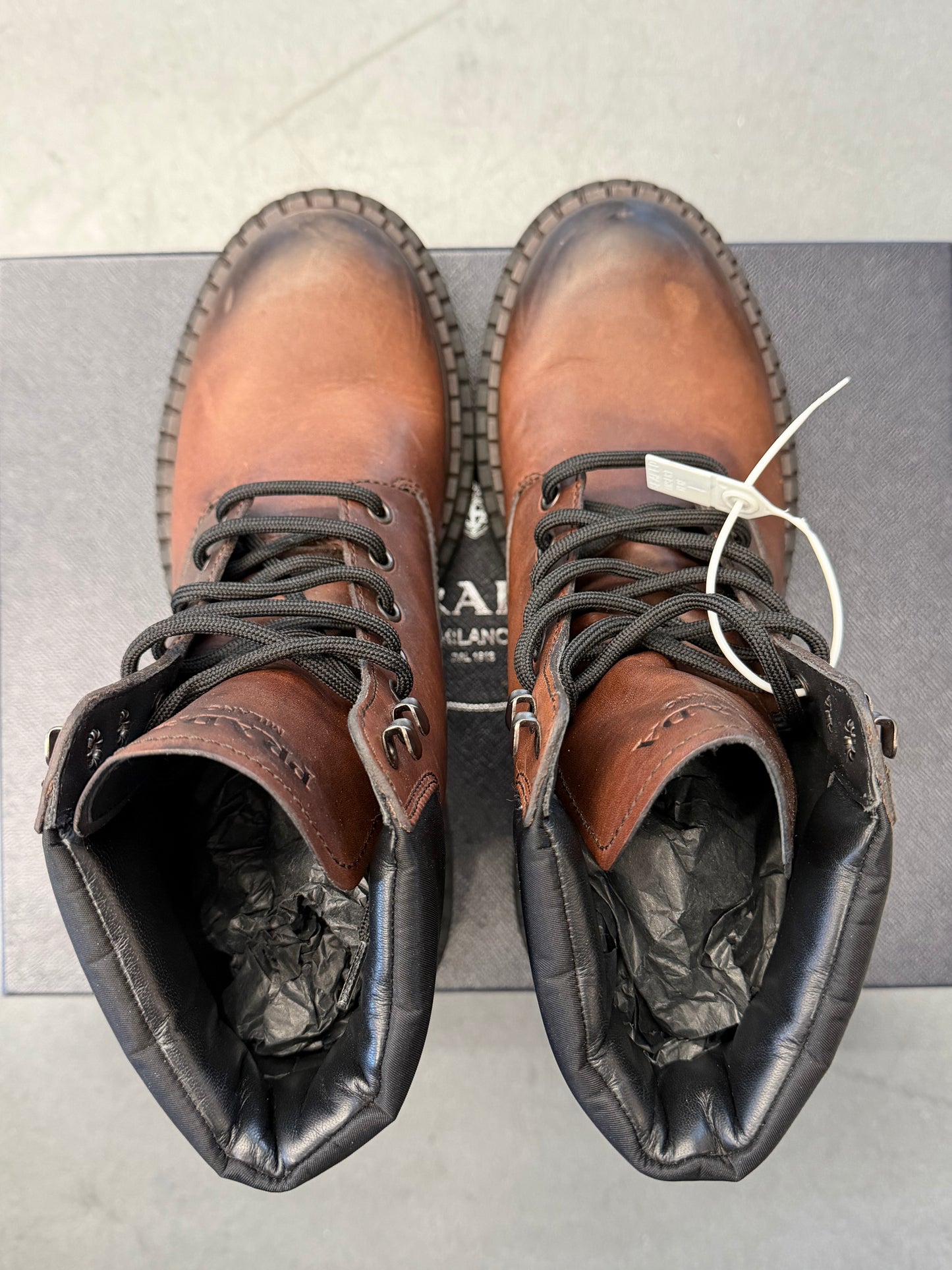 PRADA CALZATURE UOMO BROWN LEATHER WORK BOOTS (W/BOX)