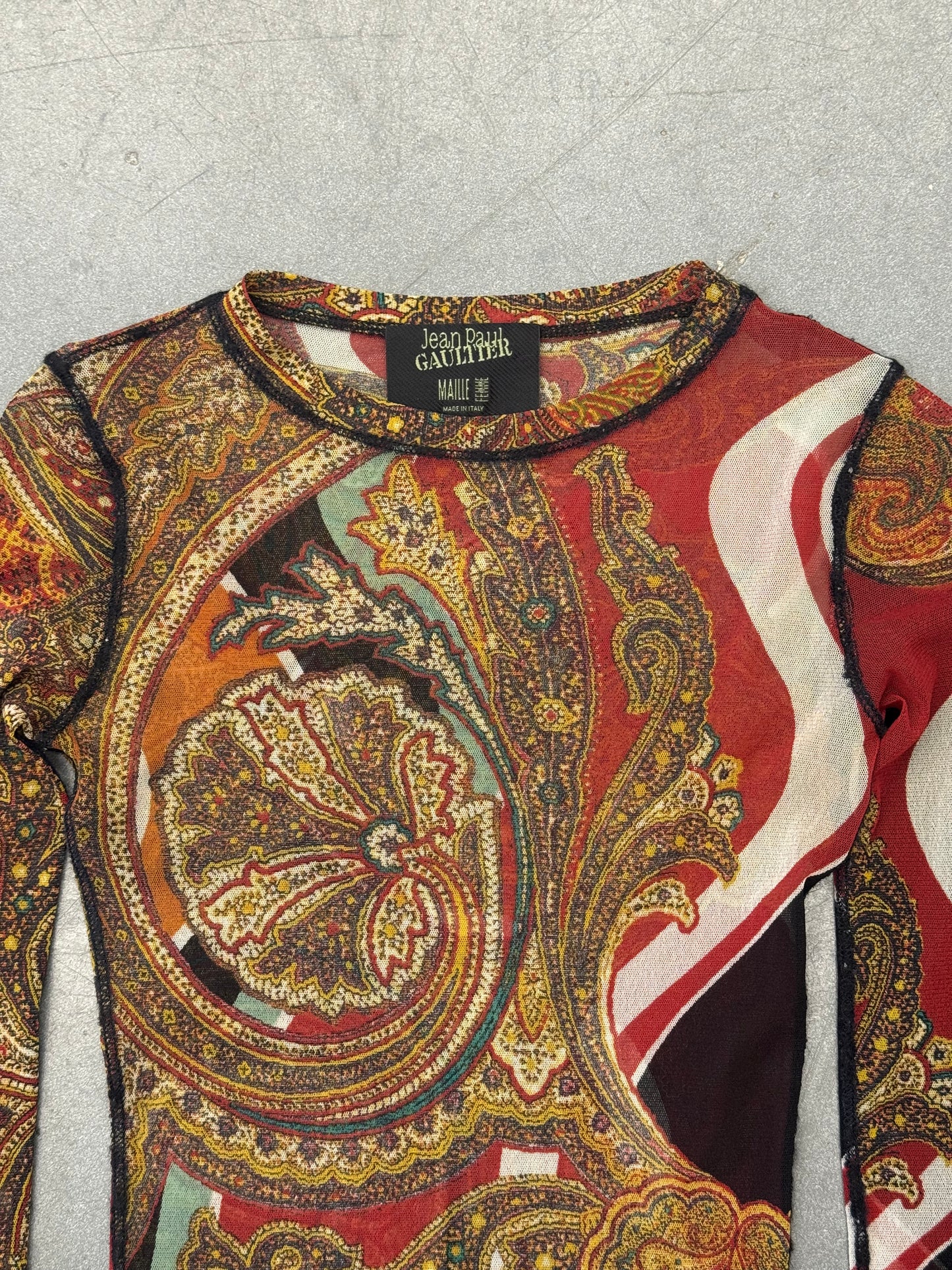 90'S JEAN PAUL GAULTIER WOMENS MULTICOLOR PAISLEY PRINT MESH TOP