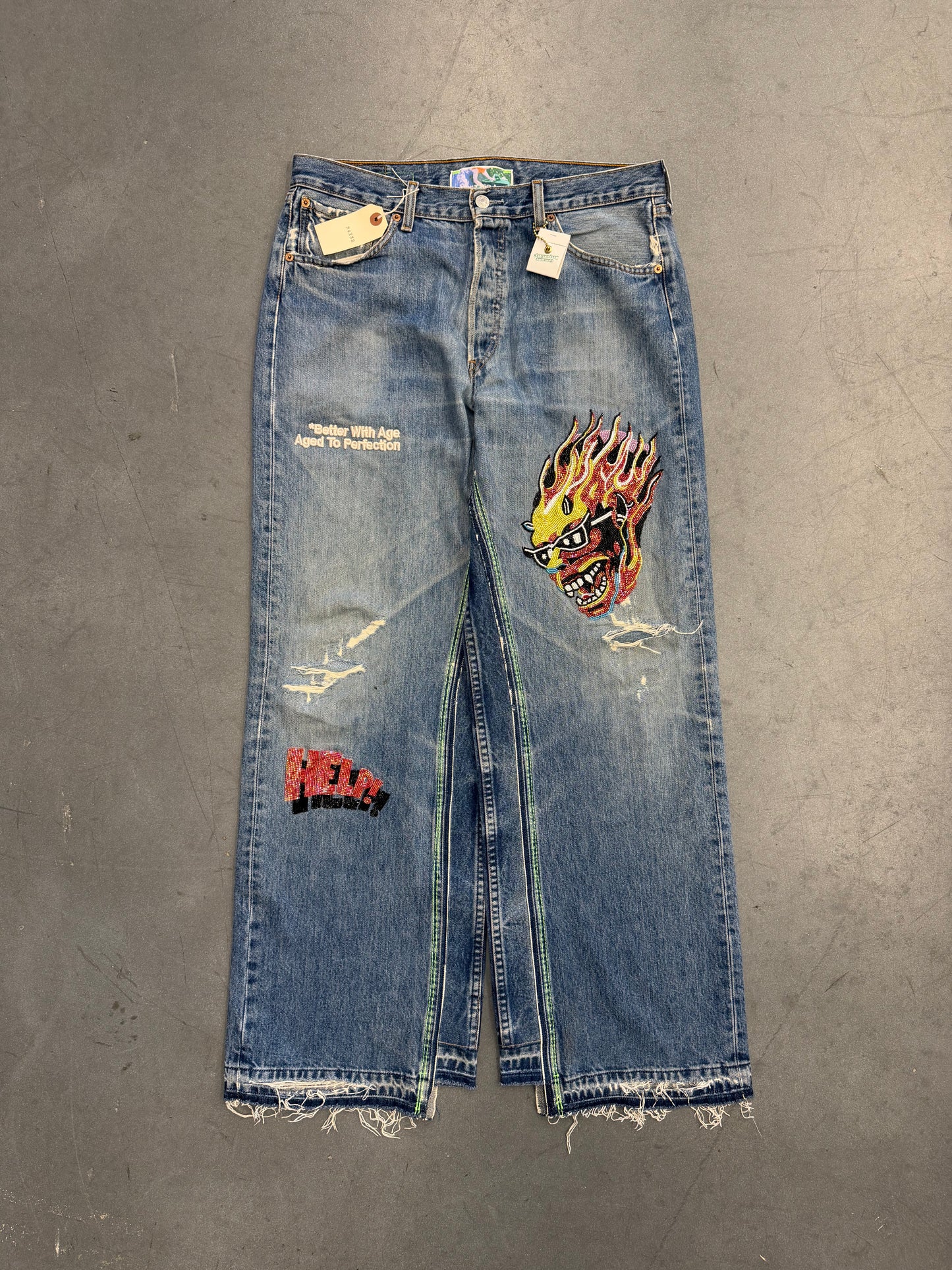 BETTER WITH AGE SHAM HAND-BEADED DOUBLE-WIDE DENIM