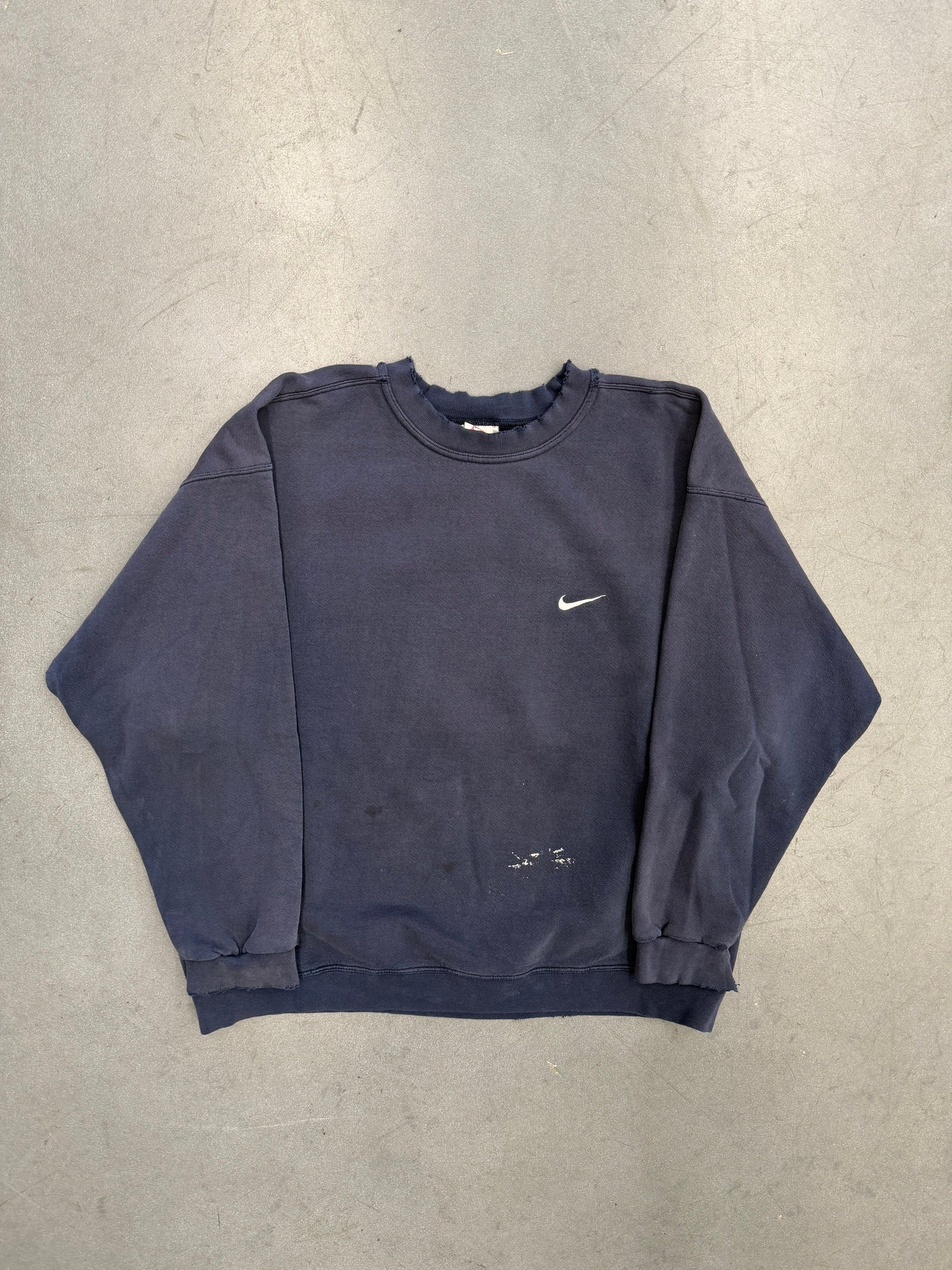 90S NIKE SIDE SWOOSH PAINT SPLATTERED CREWNECK - NAVY (NIKE RED SWOOSH TAG)