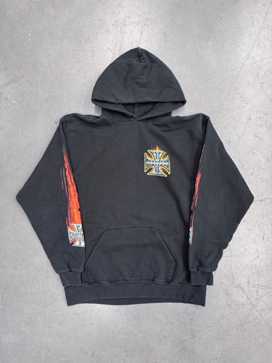 Y2K VINTAGE WEST COAST CHOPPERS FLAME SLEEVE LONG BEACH, CA PULLOVER HOODIE (LEE TAG)