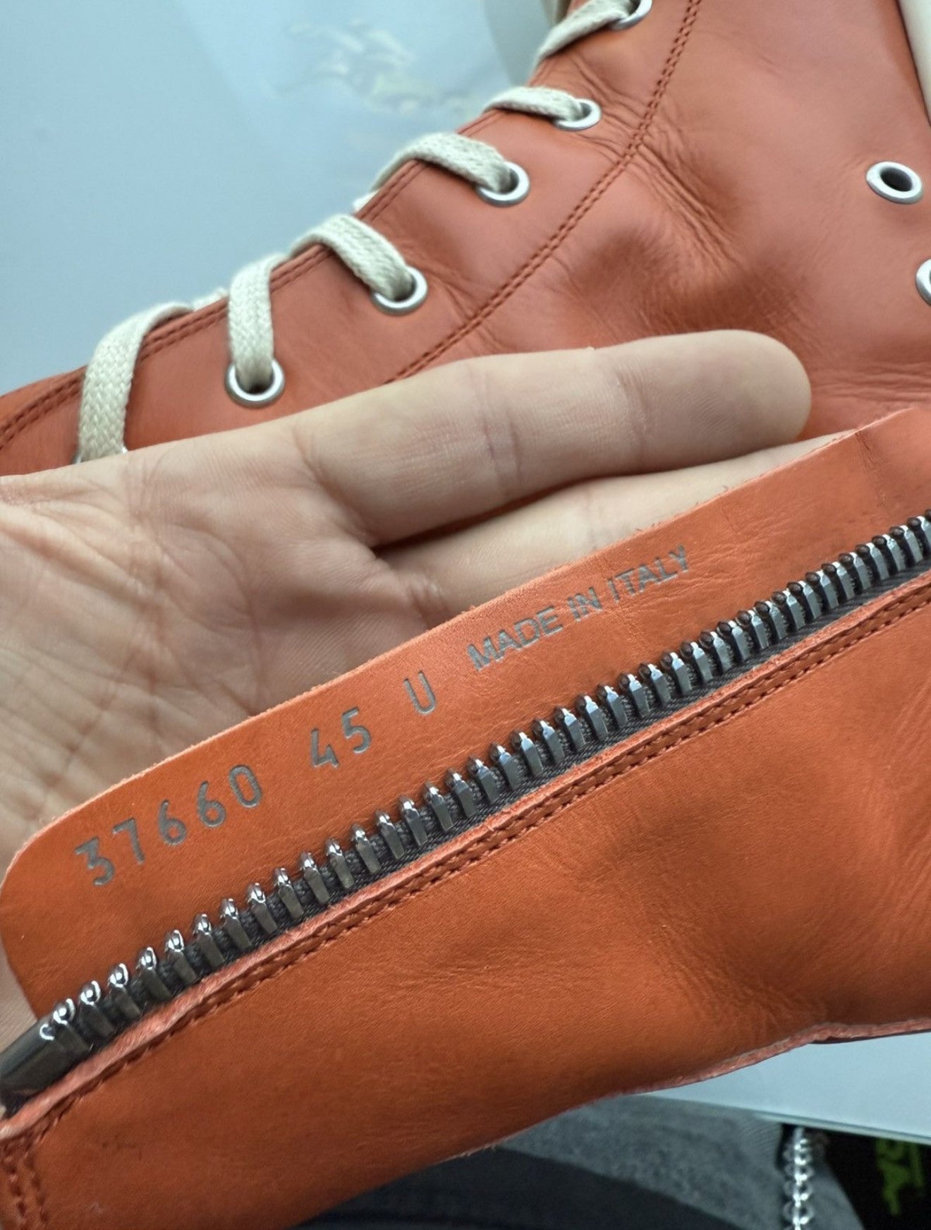 SIZE 45 RICK OWENS ORANGE RAMONE MAINLINE ORANGE LEATHER HIGH TOP (PRE-OWNED, NO BOX)