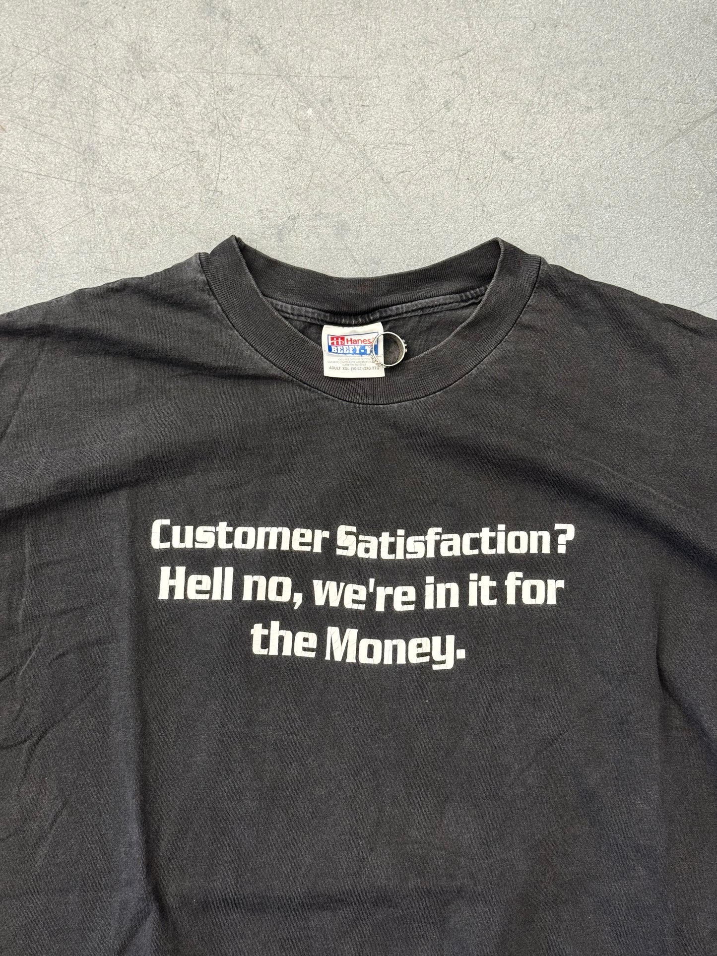 90S CURLY'S CYCLE SALES "CUSTOMER SATISFACTION?" TEE (HANES TAG)