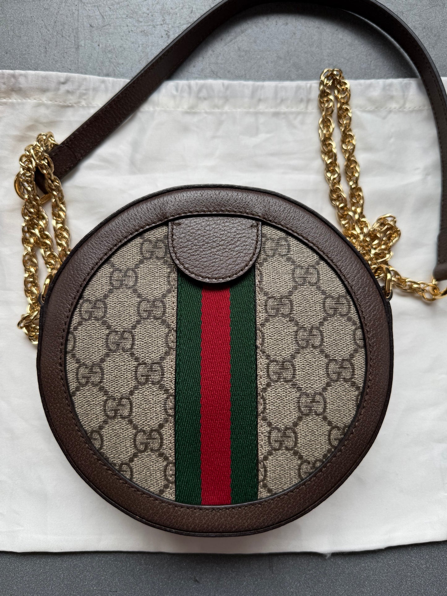 GUCCI GG-SUPREM OPHIDIA ROUND CROSSBODY BAG - BROWN (NEW WITH DUSTBAG) (TANIA)