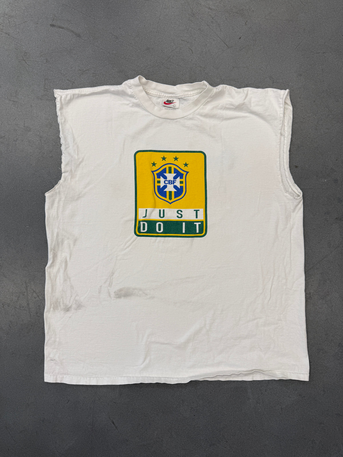 90S NIKE BRAZIL JUST DO IT CUT OFF SOCCER TEE (WHITE/RED NIKE TAG)