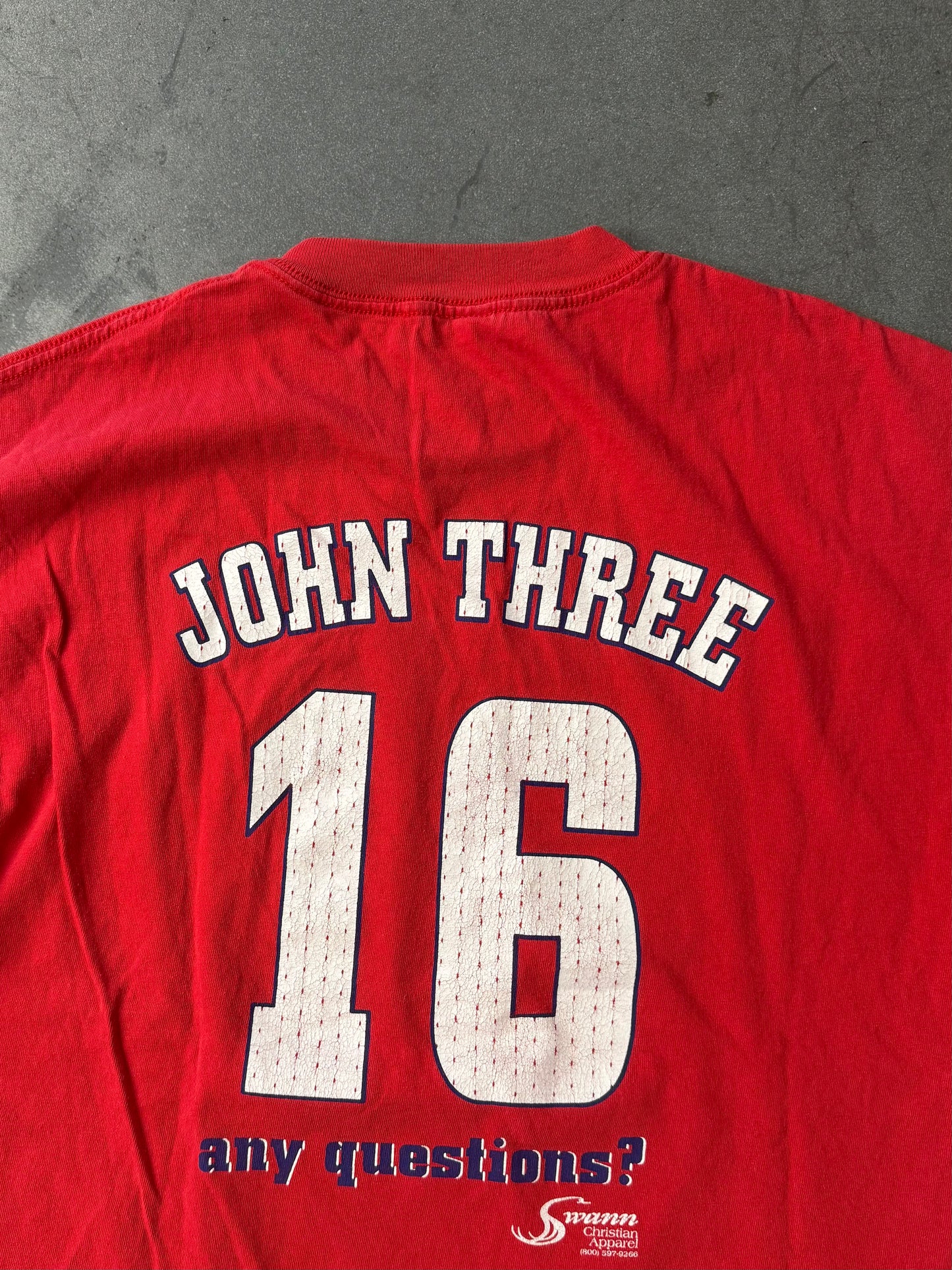 Y2K "JOHN THREE 16 ANY QUESTIONS?" JERSEY-STYLE TEE (DELTA TAG)
