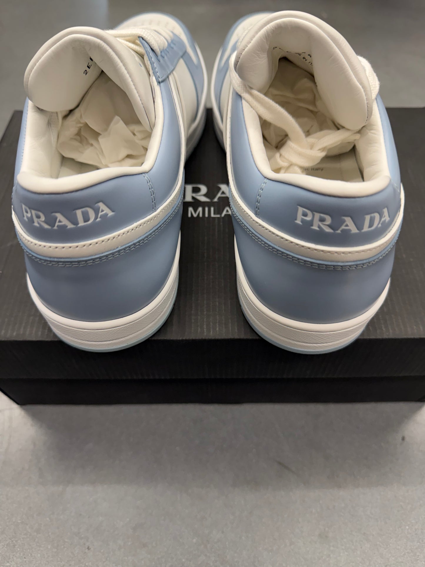 PRADA SIZE 9.5 DOWNTOWN LEATHER SNEAKER - LIGHT BLUE (W/BOX)