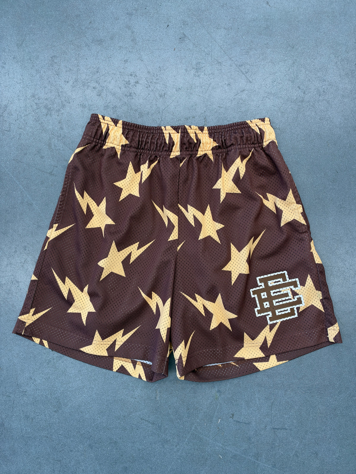FW19 ERIC EMANUEL X BAPE MIAMI BAPESTA MESH SHORTS - BROWN/YELLOW
