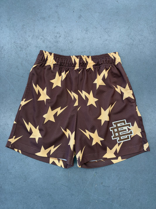 FW19 ERIC EMANUEL X BAPE MIAMI BAPESTA MESH SHORTS - BROWN/YELLOW