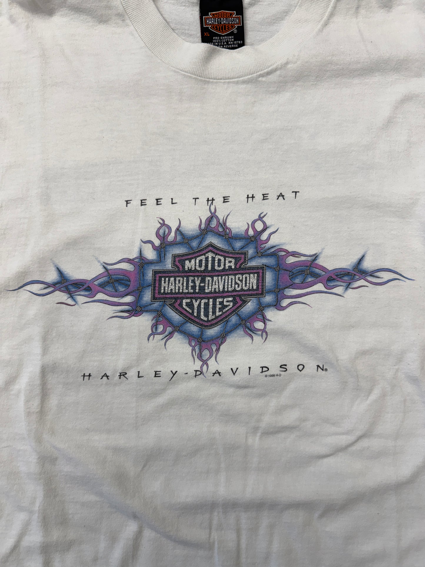 1998 HARLEY-DAVIDSON FEEL THE HEAT DONAHUE ST. CLOUD, MN PURPLE FLAME SLEEVE LS MULLET TEE