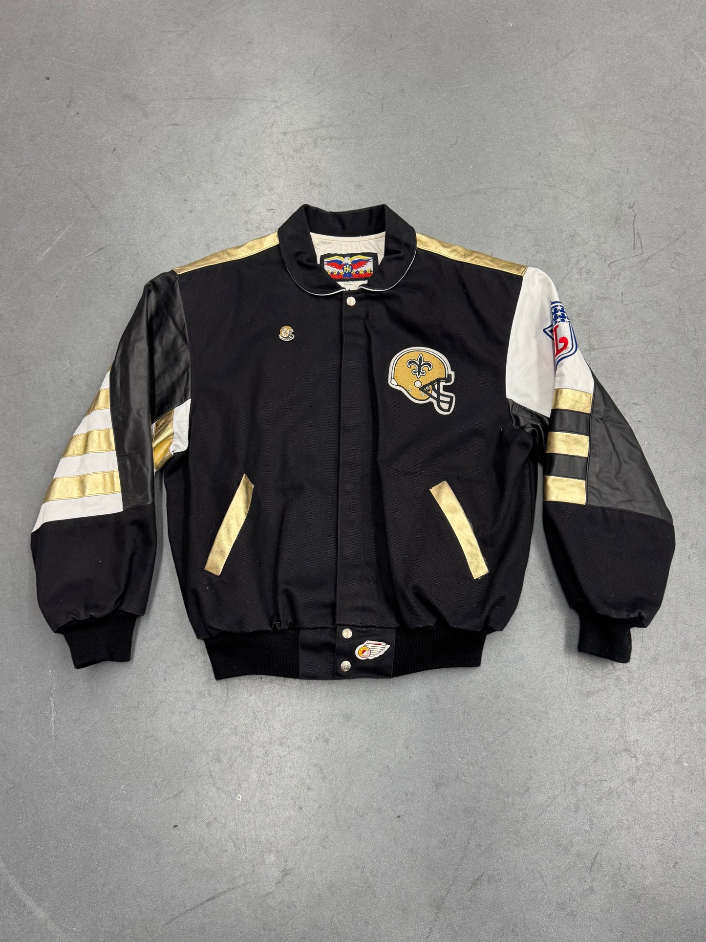 80S JEFF HAMILTON NEW ORLEANS SAINTS BUTTON UP LEATHER SLEEVE VARSITY JACKET