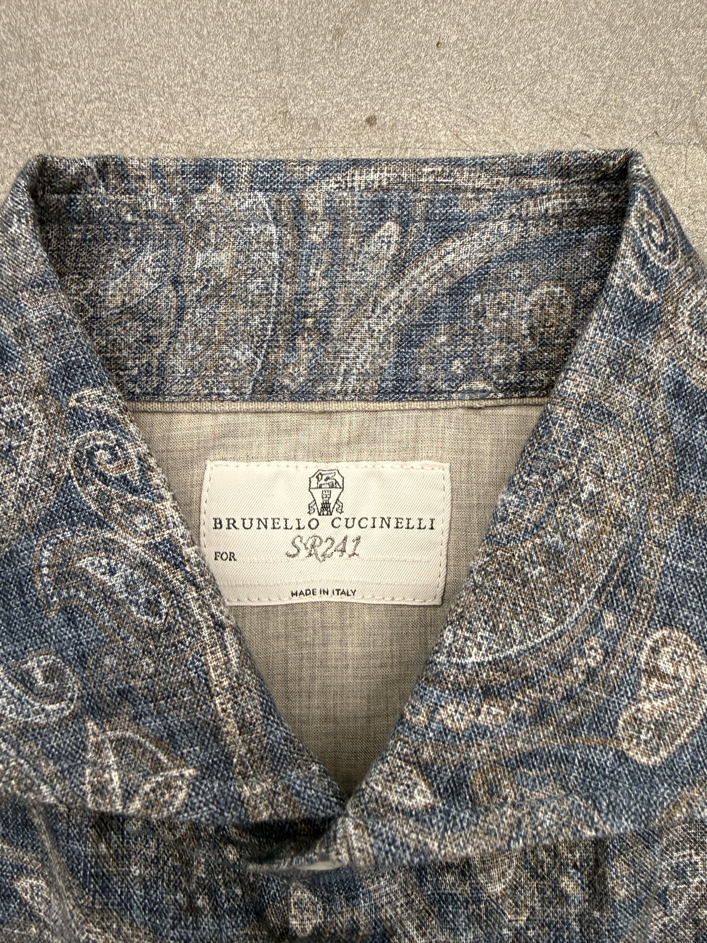 BRUNELLO CUCINELLI BLUE LINEN PAISLEY BUTTON UP