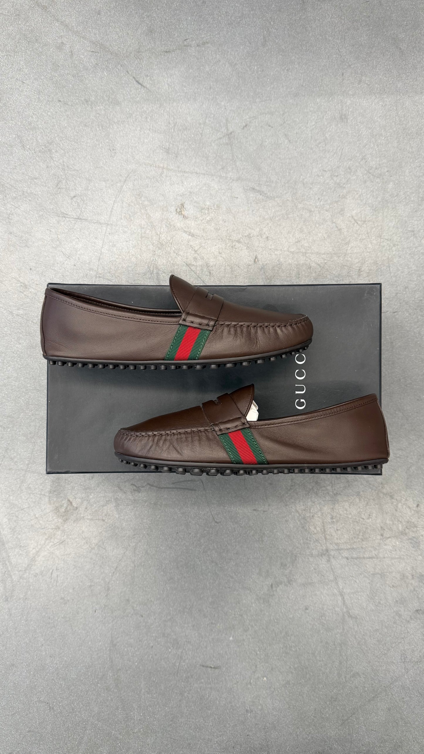 GUCCI WEB LEATHER DRIVER LOAFERS - BROWN (PRE-OWNED WITH BOX)
