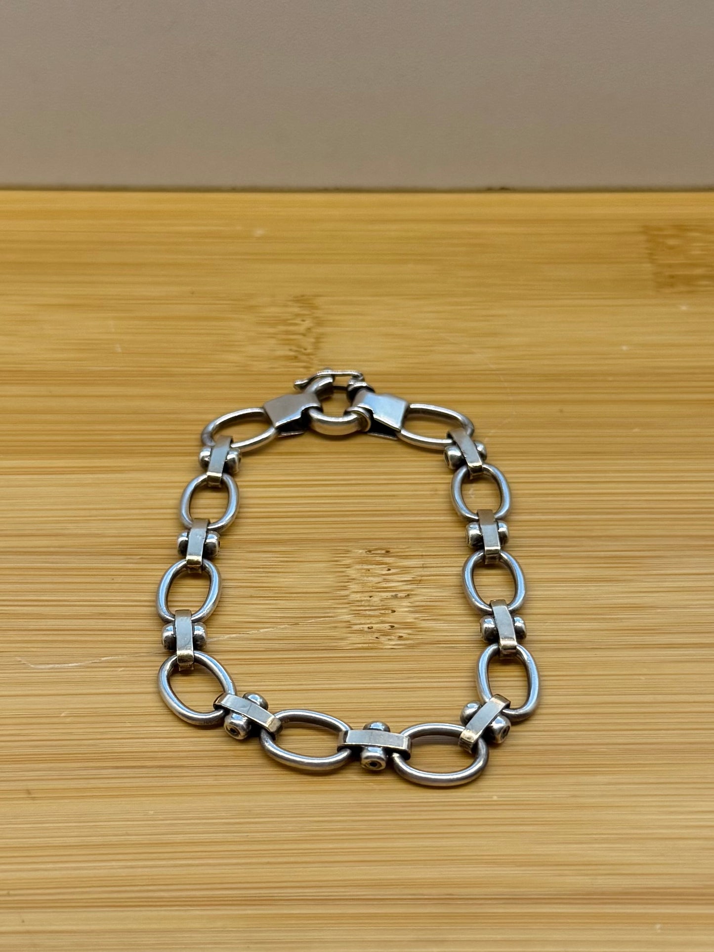 OVAL LINK 18K GOLD-TONE ACCENT BAR SILVER BRACELET - 8"