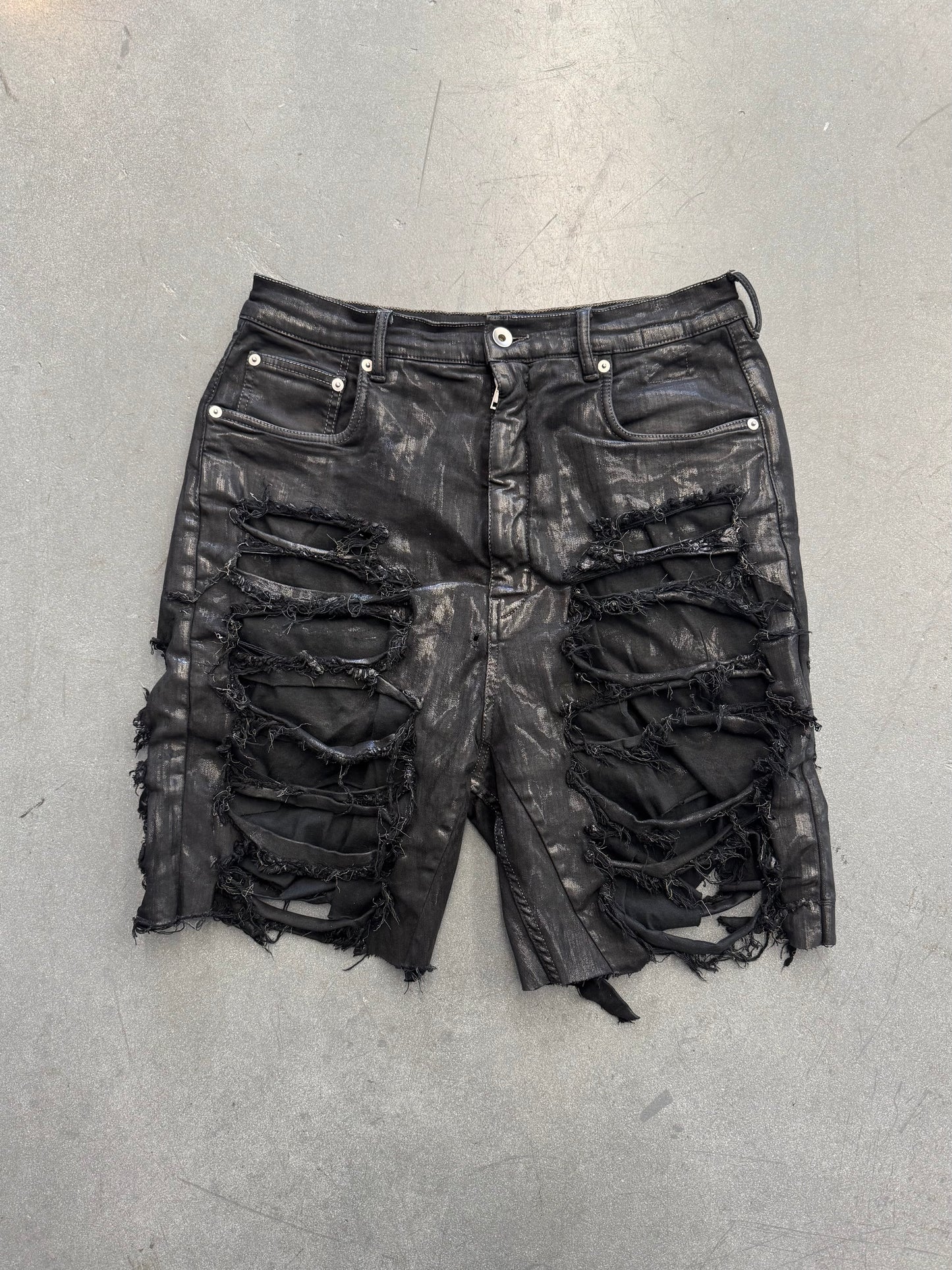 RICK OWENS DRKSHDW SLASHED TYRONE DENIM CUT TO SHORTS