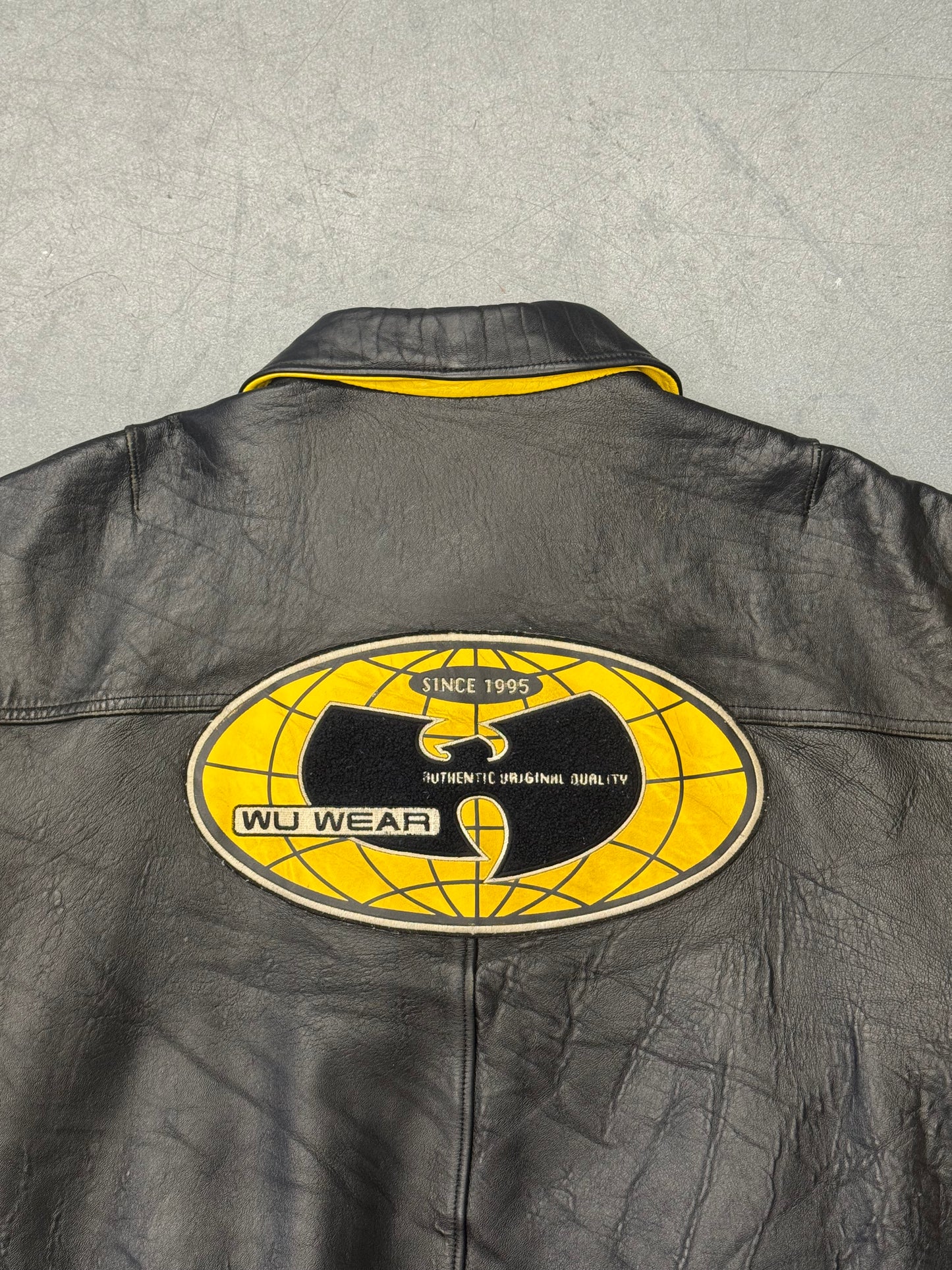90S WU-TANG WU WEAR KILLAH BEEZ LEATHER VARSITY JACKET - BLACK/YELLOW