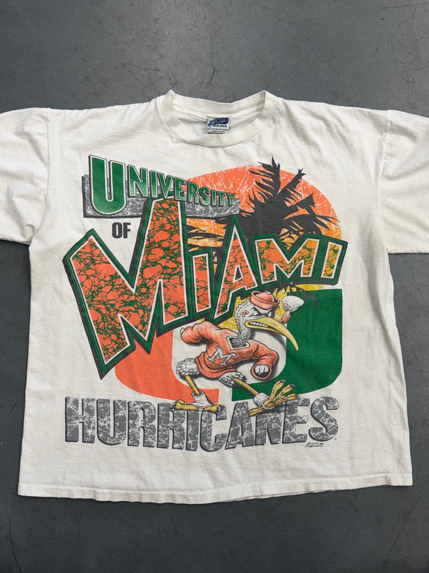 90S UNIVERSITY OF MIAMI CAPITOL GRAPHICS ANGRY SEBASTIAN TEE (CAPITOL TAG)