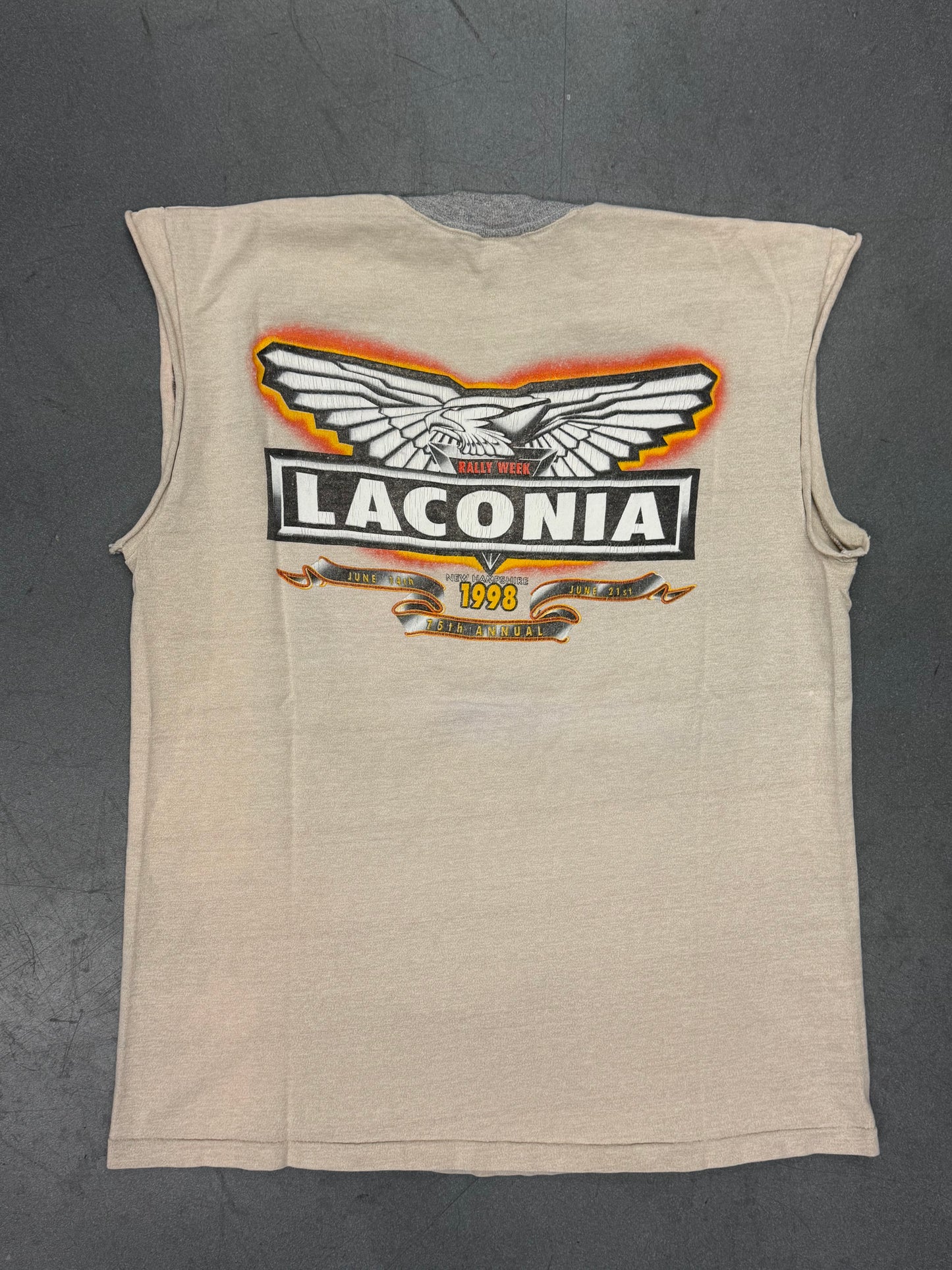 1998 LACONIA, NEW HAMPSHIRE 75TH ANNUAL RALLY WEEK CUTOFF TEE (FADED FLAG TAG)