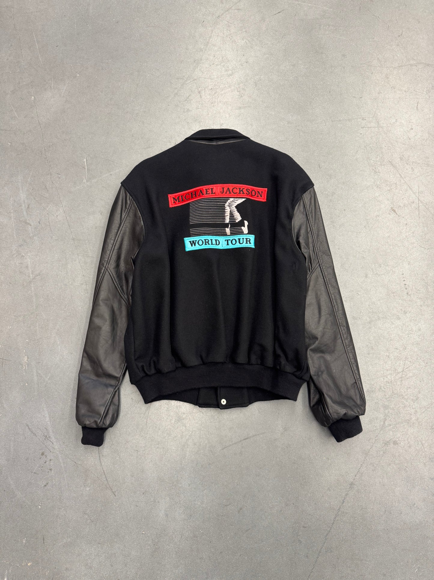 1988 MICHAEL JACKSON BAD WORLD TOUR LEATHER/WOOL VARSITY JACKET (LP DESIGNS TAG)