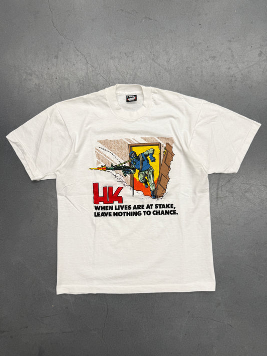 90S HECKLER & KOCH "WHEN LIVES ARE AT STAKE, LEAVE NOTHING TO CHANCE." TEE (SCREEN STARS BEST TAG)