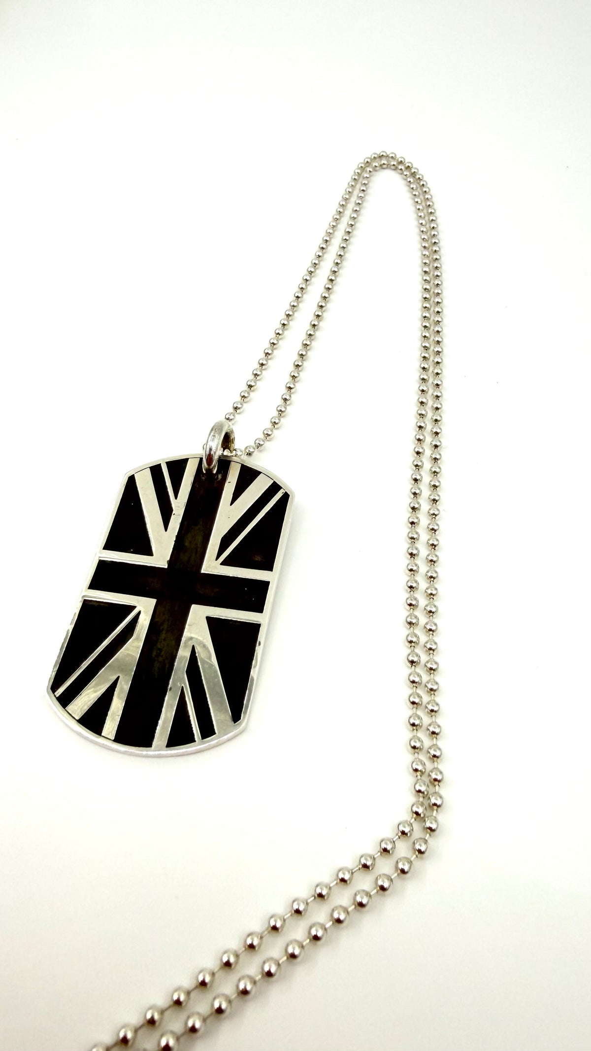 CHROME HEARTS UNION JACK SILVER DOG TAG "GOD SAVE THE SEX PISTOLS" WITH 30 INCH SILVER BALL CHAIN