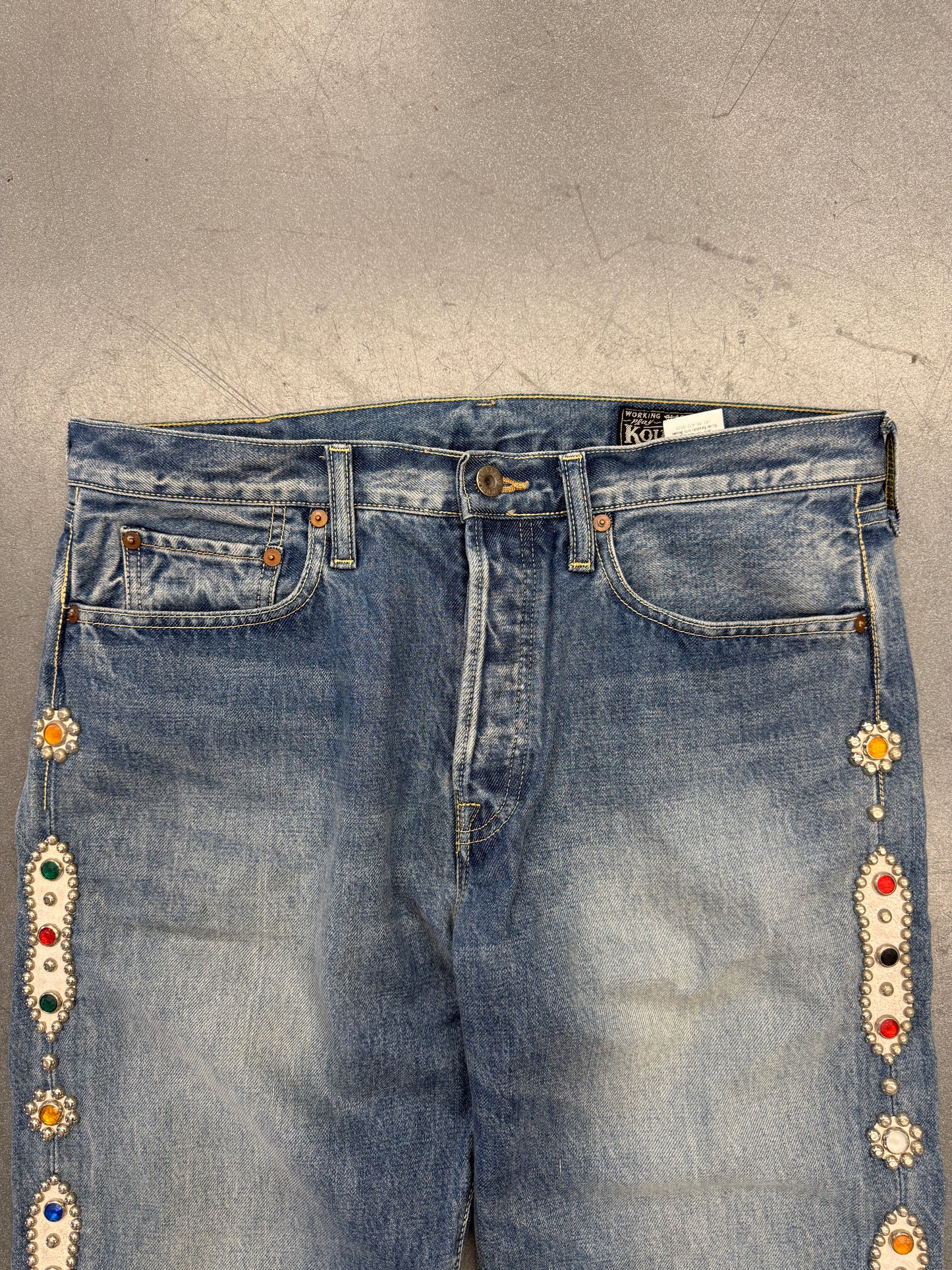 KAPITAL 14OZ DENIM 5P MONKEY CISCO GEMSTONE EMBELLISHED JEANS