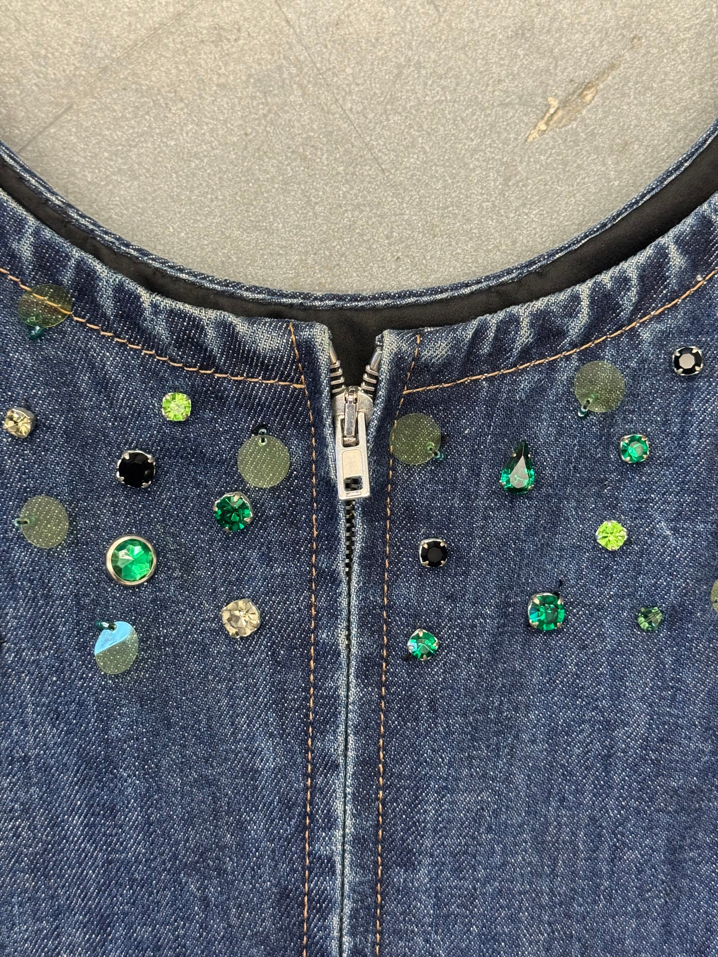 MIU MIU GREEN CRYSTAL DENIM ZIP DRESS