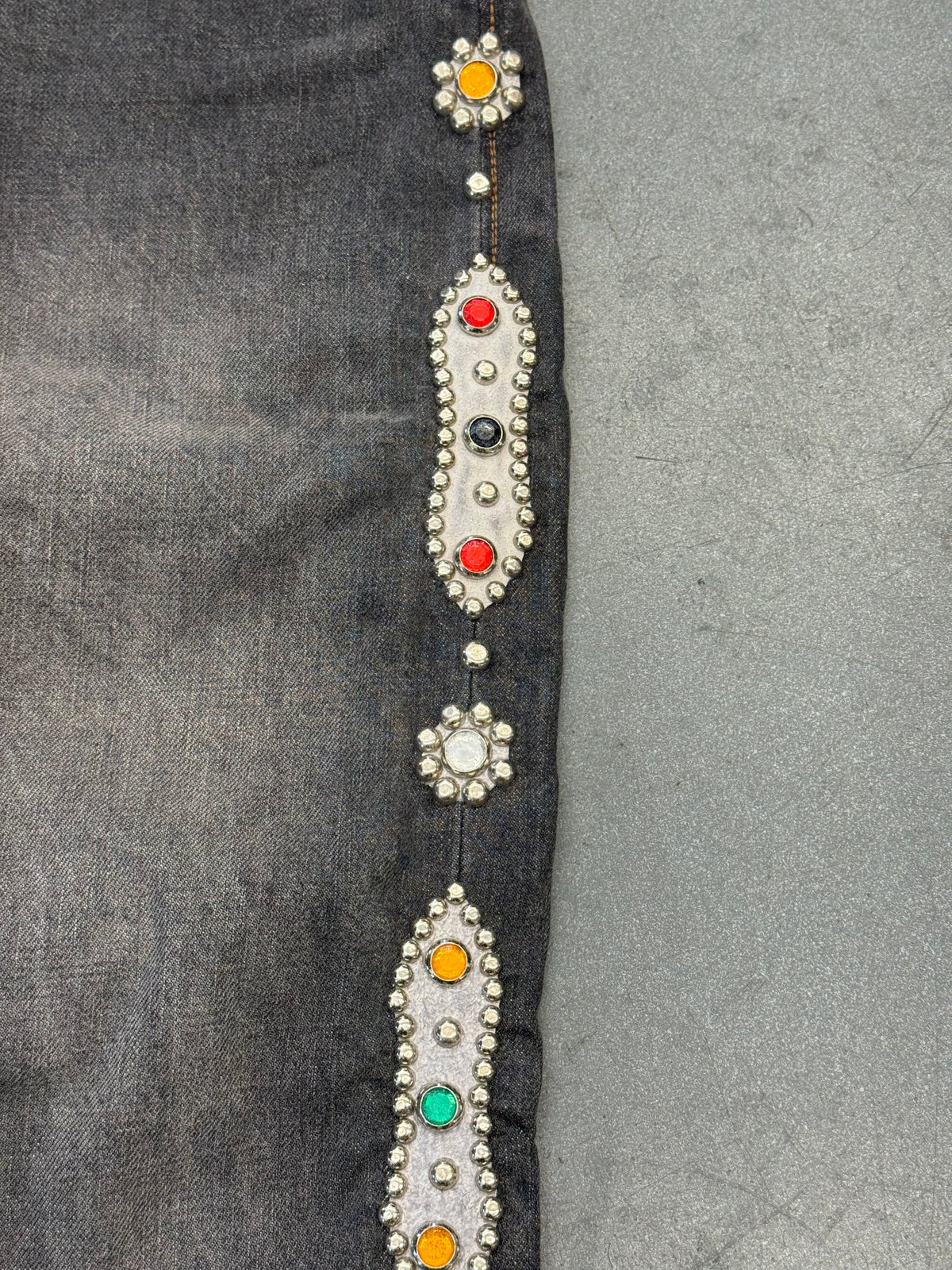 KAPITAL 14OZ DENIM 5P MONKEY CISCO GEMSTONE EMBELLISHED JEANS - BLACK