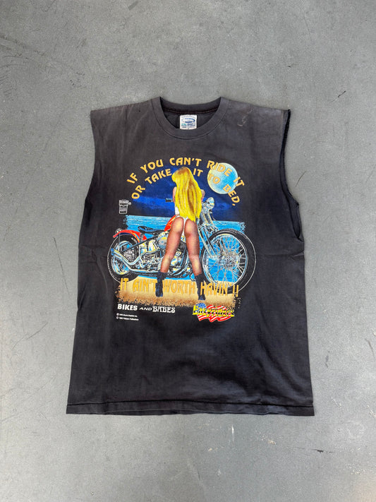 1993 EASYRIDERS "IF YOU CAN'T RIDE IT OT TAKE IT TO BED, IT AIN'T WORTH HAVIN'!!" CUTOFF TEE (HORIZON TAG)