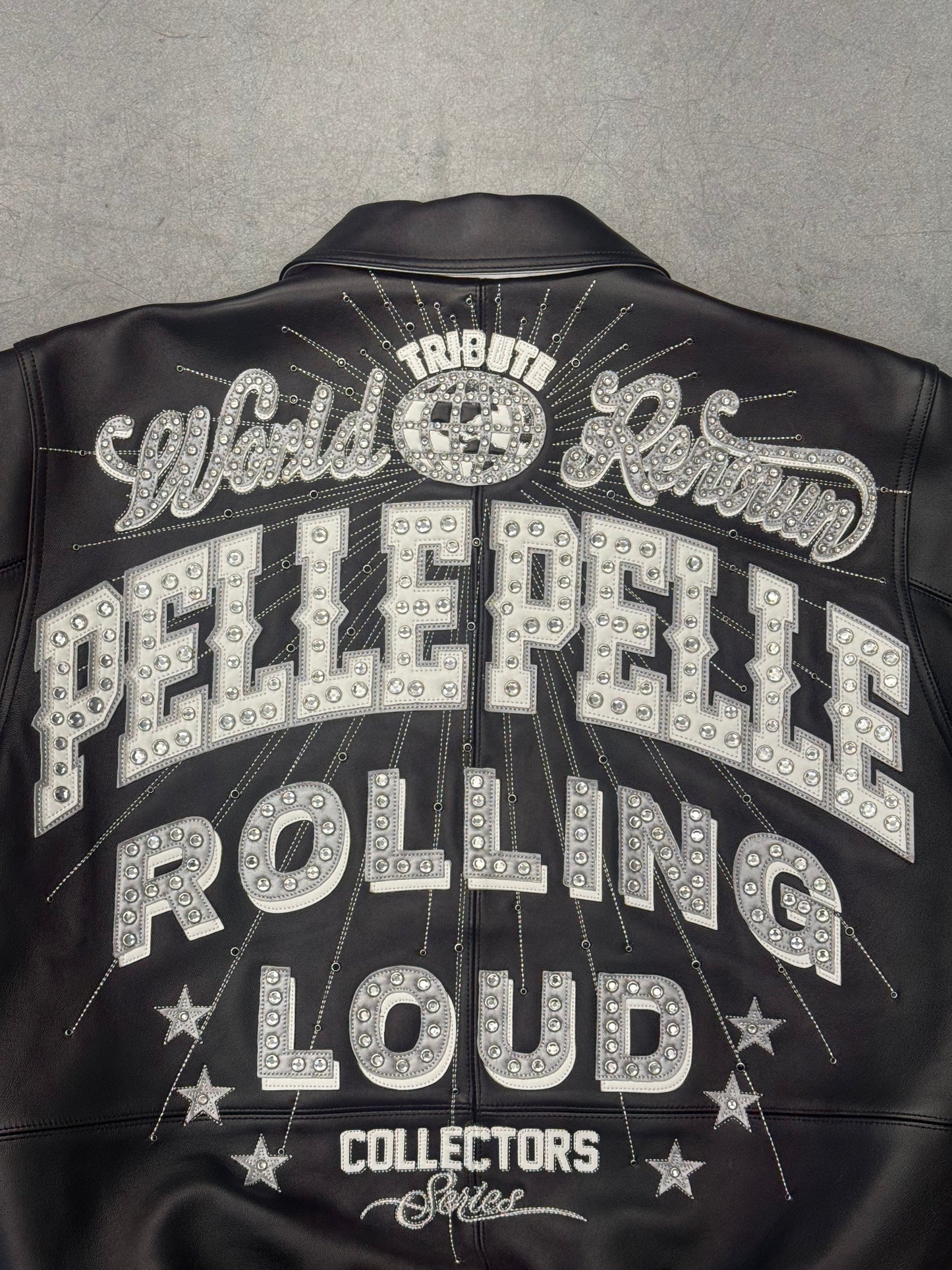 PELLEPELLE ROLLING LOUD RHINESTONE LEATHER VARSITY JACKET