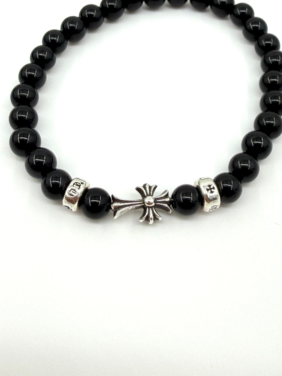 CHROME HEARTS 6MM BLACK BEADED SILVER CROSS BRACELET