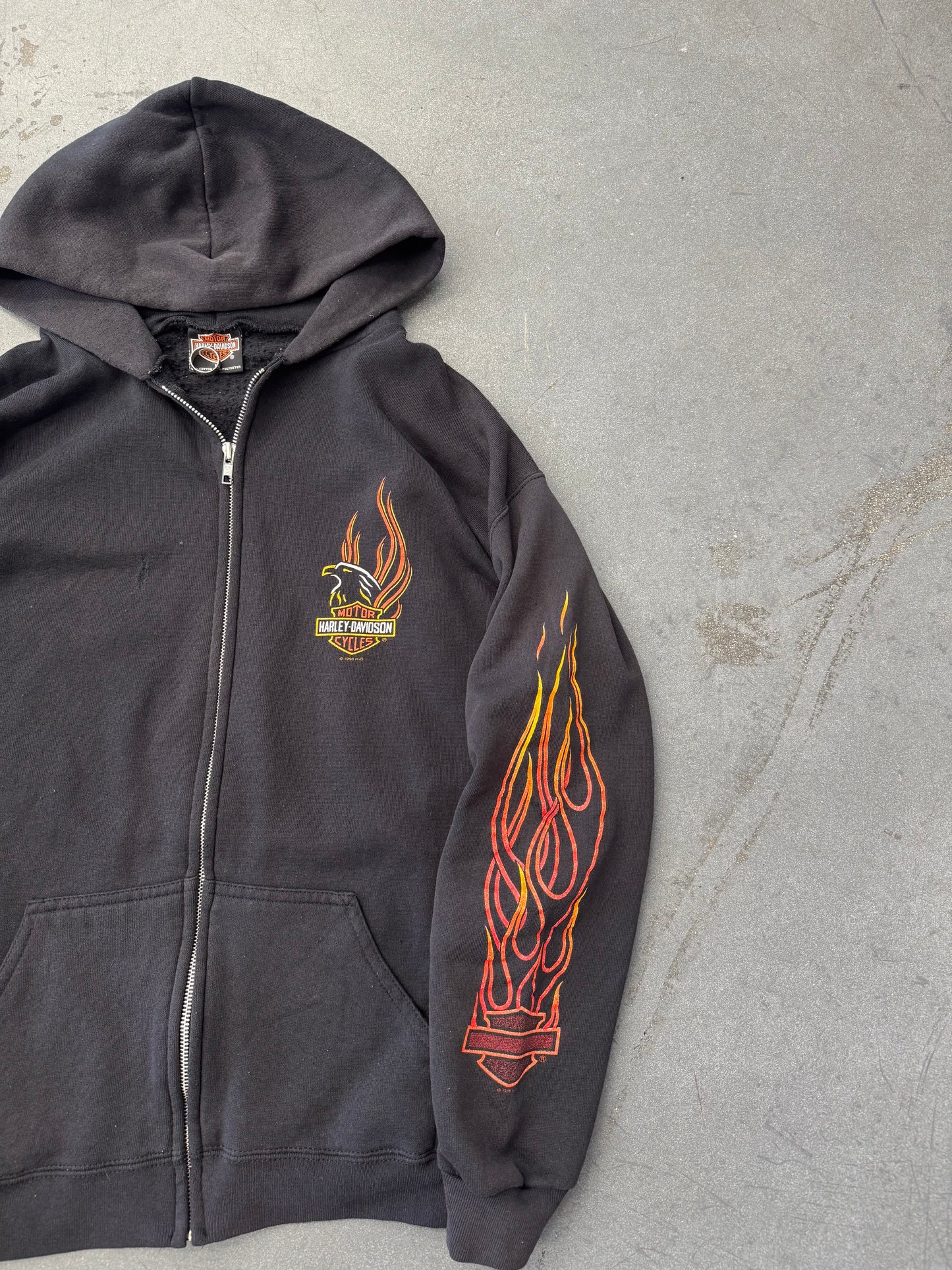 1996 HARLEY-DAVIDSON OF GLENDALE, CALIFORNIA FLAME SLEEVE ZIP-UP HOODIE