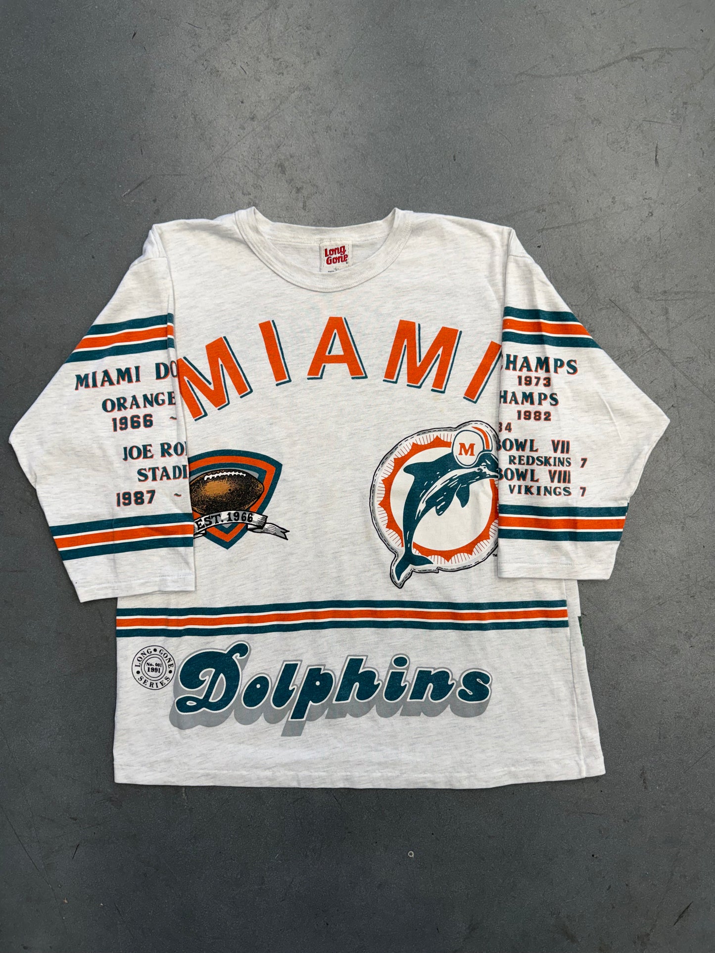 90'S MIAMI DOLPHINS 3/4 SLEEVE 1972 PERFECT SEASON TEE (LONG GONE TAG)
