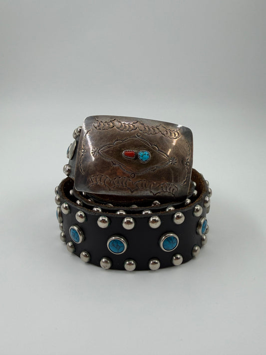 SILVER TURQUOISE AND CORAL BUCKLE WITH STUDDED BELT