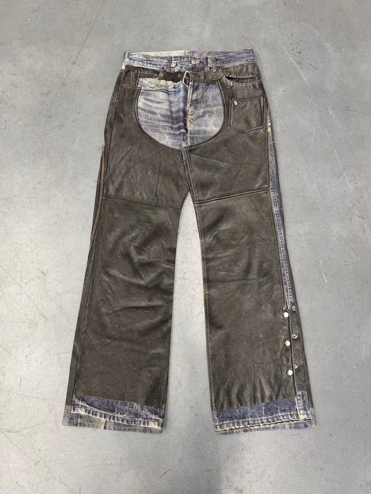 ACNE STUDIOS LEATHER CHAPS PRINTED JEANS
